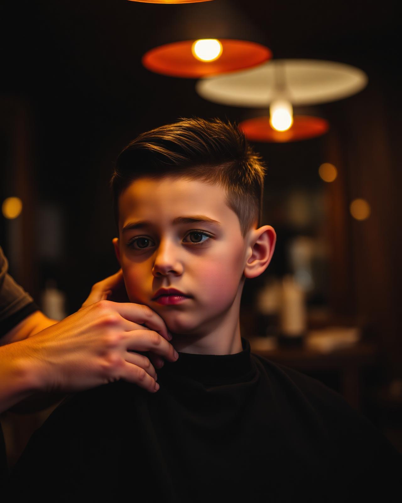 Criança sendo atendida com cuidado na barbearia